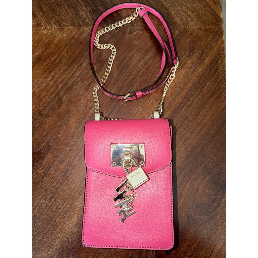 DKNY Pink Pebbled Leather Phone Crossbody Bag Gold Tone Lock Charm Chain Leather - Picture 2 of 11
